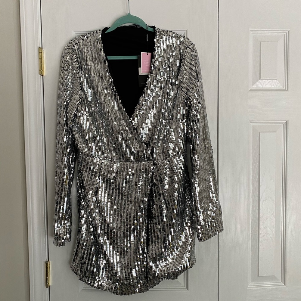 Silver Sequin Plunge Wrap dress